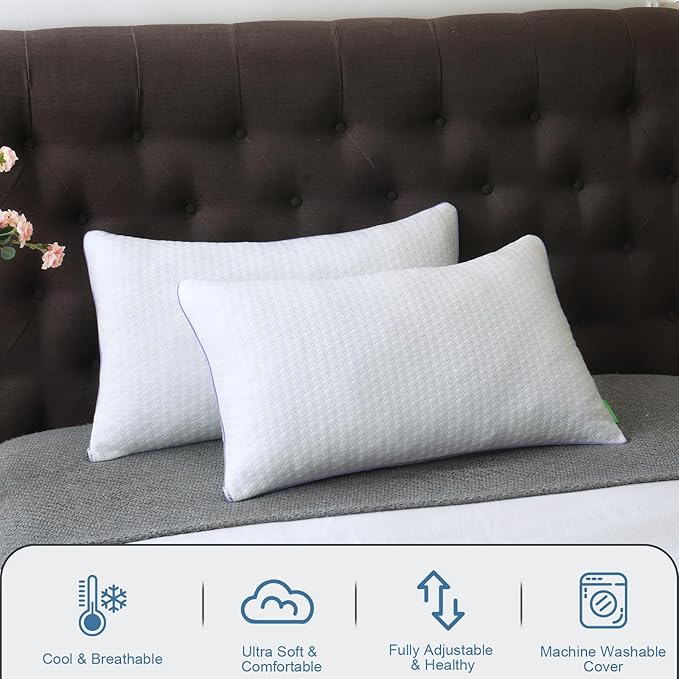 Favorland Cooling Bed Pillows Standard Size Set of 2 - Shredded Memory Foam Pillows for Sleeping 2 Pack - Gel Pillow Adjustable Firm Pillow Soft Pillows for Side Back Stomach Sleepers