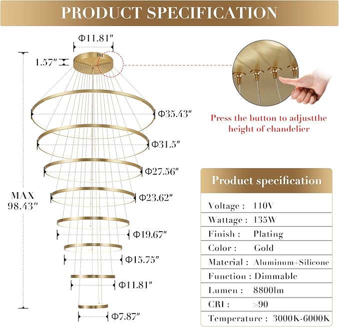 Modern LED Chandeliers 35" Brushed Gold 8-ring Big LED Chandelier for High Ceiling with Remote Control Hanging Height Adjustable Max 98" Long Chandelier for Foyer Living Room Entry Staircase