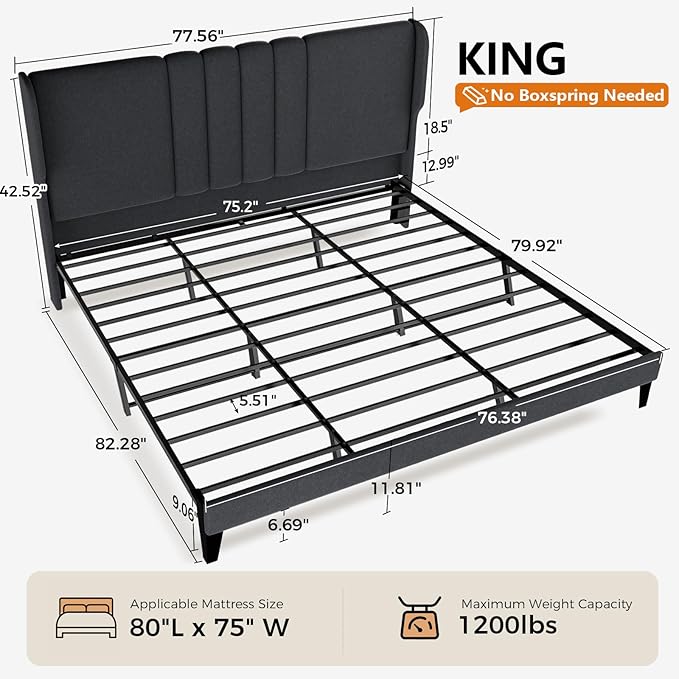 GTPLAYER King Size Bed Frame, Upholstered Platform Bed Frame with Tall Headboard Wingback, Soft Velvet Fabric, No Box Spring Needed, Easy Assembly, Dust Grey