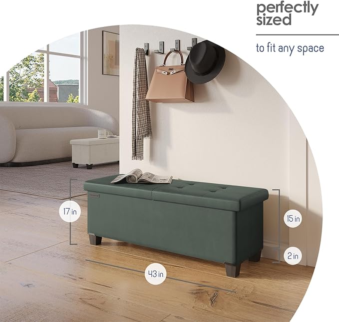 Storage Ottoman Bench with Bins, 43-in Storage Bench for Bedroom End of Bed, Folding Foot Rest Ottoman for Living Room Max 660lbs, Leather Ottomans, Green