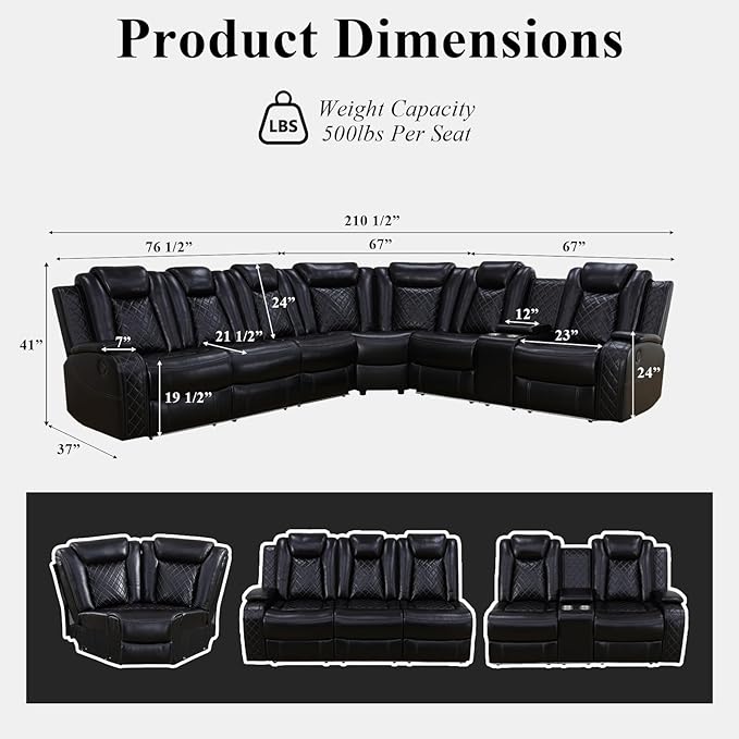 Power Reclining Sectional Couch for Living Room, Black Leather Sectional Sofa Set with Recliner, LED Lights, Storage Console, Cup Holders, USB Charging, Home Theater Seating for Family Room
