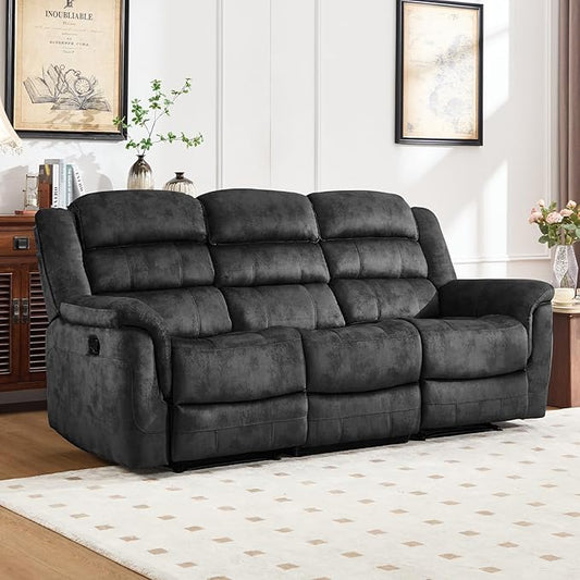EBELLO Reclining Sofa for Living Room, Extra Wide Modern Overstuffed 3 Seat Recliner Manual Sofa Chair, Breathable Soft Fabric and Padded Seat, Grey