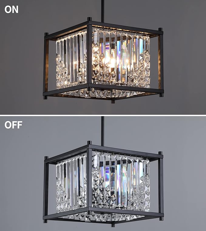 Q&S Modern Chandelier,Farmhouse Industrial Black Square Crystal Chandeliers 4 Lights Hanging Pendant Light Fixture for Dining Room Hallway Entryway Kitchen Island UL Listed