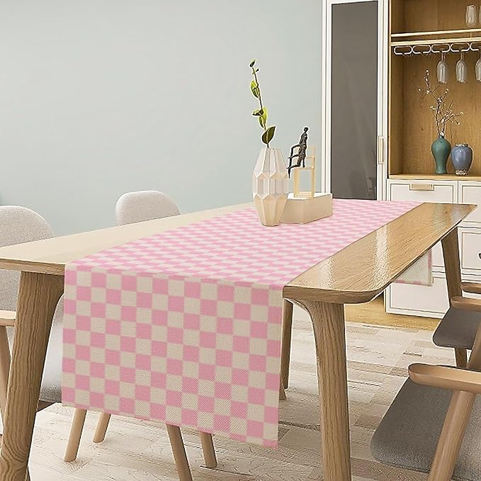 70s Hippie Table Runner Groovy Pink Grid Square Modern Geometric Boho Dinner Runner for Living Room Kitchen Party Holiday Dinner Home Decor Autumn and Winter 13x90in