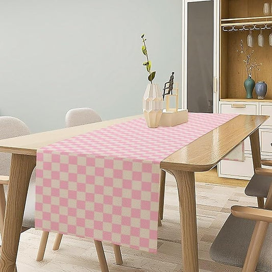 70s Hippie Table Runner Groovy Pink Grid Square Modern Geometric Boho Dinner Runner for Living Room Kitchen Party Holiday Dinner Home Decor Autumn and Winter 13x90in