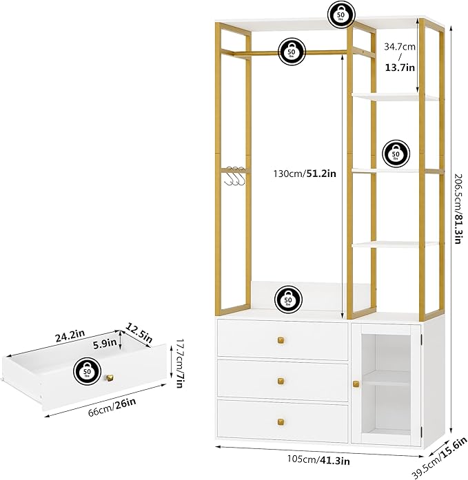 Closet System Organizer, 81.3” H Wardrobe Closet with 3 Wooden Drawers, Clothes Rack with Hanging Rods, 4 Tiers Shelves, Metal Frame, White and Gold