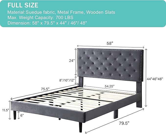 Full Upholstered Platform Bed Frame with 48" Tall Adjustable Headboard - Button Tufted Suede Velour Bed- Wood Slat Support with Storage Space - No Box Spring Needed - Grey - OLIVER & SMITH - Princeton