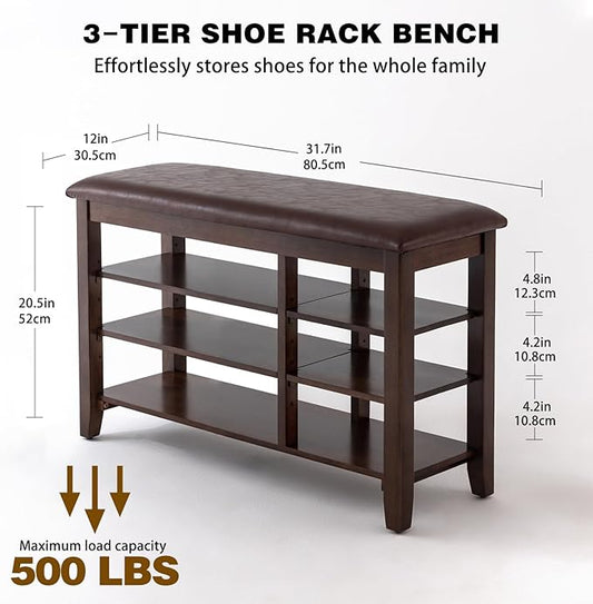 PY HOME & SPORTS Shoe Rack for Entryway 31.5": 3-Tier Shoe Storage Bench,Adjustable/Removable Shelves, Rubberwood Shoe Benches for Hallway, Porch, Bathroom, Brown