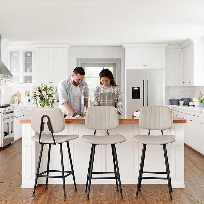 24-Inch Leather Bar Stools Set of 2, Counter Height Barstools with High Backrest，Bar Chairs for Kitchen Island with Heavy Duty Metal Base, Beige