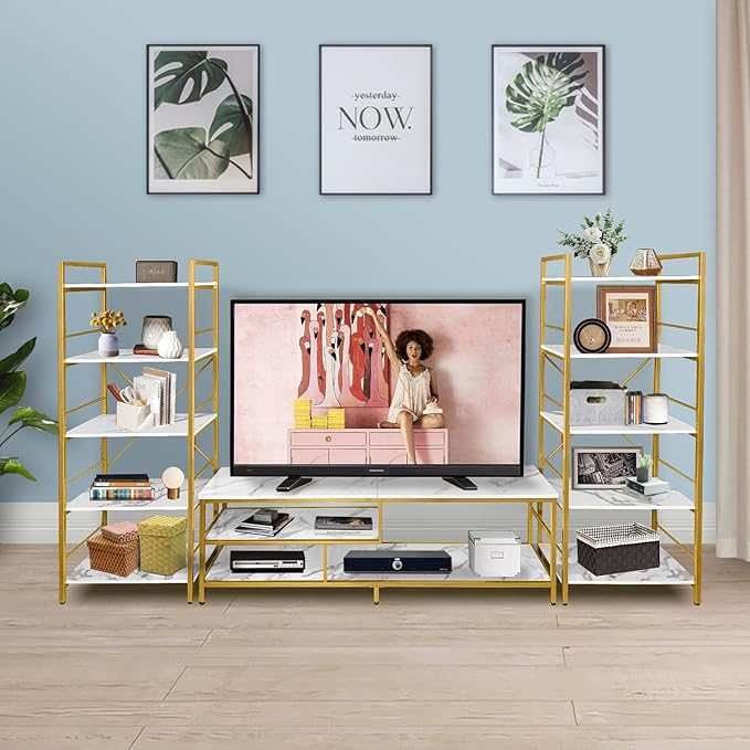 AT-VALY TV Stand for 55-75 inch TVs, Metal&MDF TV Stand with 3-Tier Storage Shelves for Living Room, Entertainment Center with Storage Cabinets (Gold)