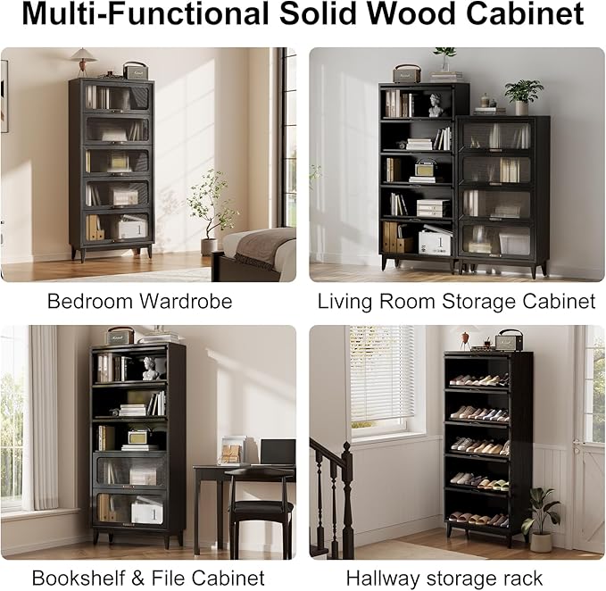 72'Hsolid Wood Bookcase,5 tir Tall Black Book case with Doors,Modern Bookshelf with Door for Kitchen,Freestanding Display Storage Shelves for Collectibles, Living Room Bedroom Home Office
