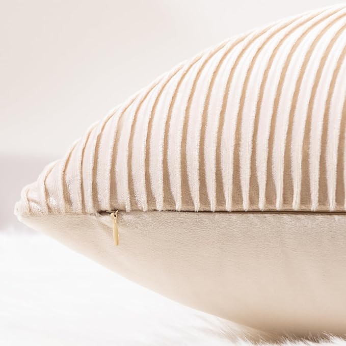 YCOLL Tan Pillow Covers 18x18 Set of 2 Velvet Striped Pattern - Soft Throw Pillows for Home Decor, Luxury Decorative Pillow Covers for Couch, Bed,Living Room