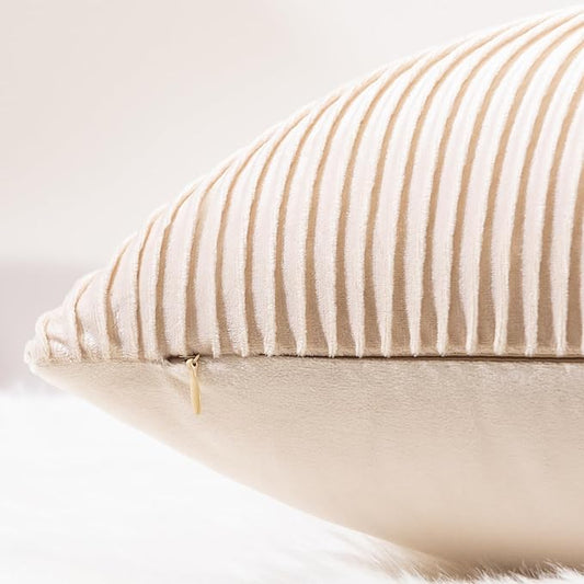 YCOLL Tan Pillow Covers 18x18 Set of 2 Velvet Striped Pattern - Soft Throw Pillows for Home Decor, Luxury Decorative Pillow Covers for Couch, Bed,Living Room