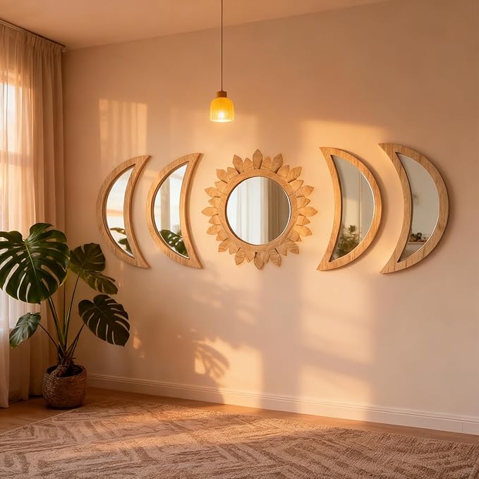 5 Pieces Moon Phase Mirror Wall-Mounted Wall Decor Mirrors Natural Wooden Sunburst Bohemian Wall Art for Home Living Room Bedroom Decoration (Natural)