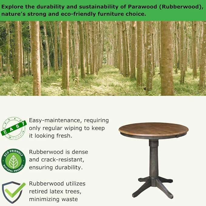 IC INTERNATIONAL CONCEPTS 36" Round Wood Counter Height Dining Table with 12" Leaf in Hickory/Washed Coal