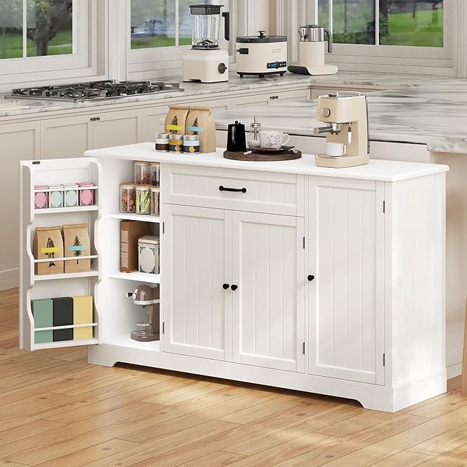 Gizoon 56" Kitchen Coffee Bar Cabinet with Storage Kitchen Sideboard Buffet Cabinet with Drawers, Short Pantry with Door and Shelves for Bathroom and Living Room, White