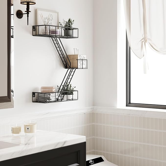 Fire Escape Wall Shelf with Baskets, 3-Tier Metal Fire Escape Ladder Shelf Wall Organizer, New York Inspired Decorative Shelf, Black Floating Action Figurine Display Shelves for Bedroom, Home Décor.