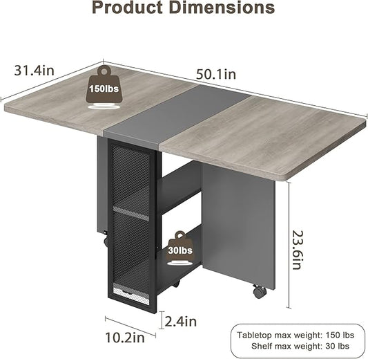 GAOMON Folding Dining Table, Drop Leaf Dining Table for 4, Foldable Kitchen Table with 6 Wheels and 2 Storage Shelf, Space Saving Dining Table with Drawer for Small Spaces