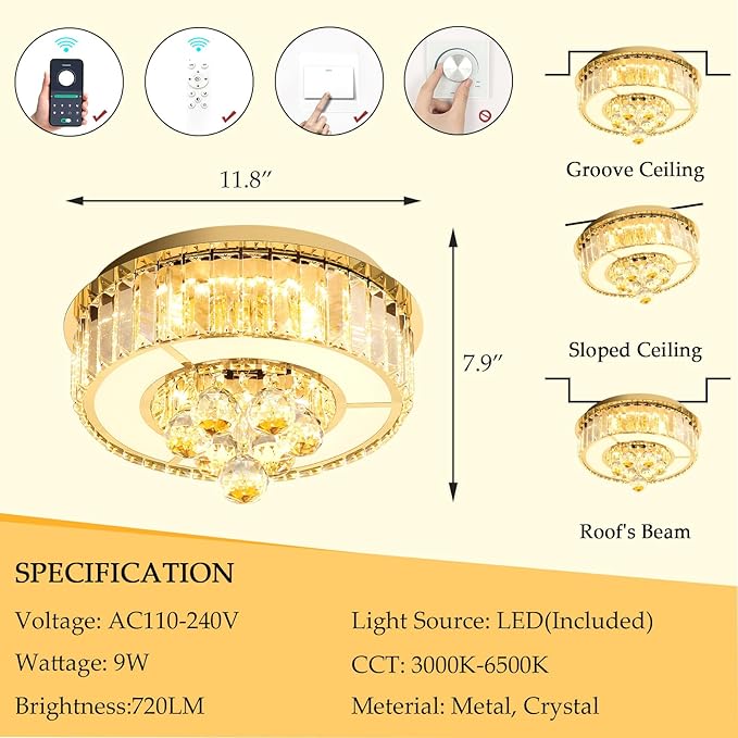 11.8'' Gold Modern Crystal Chandeliers for Dining Room LED Dimmable Light Fixtures Flush Mount Light Living Room Bedrooms