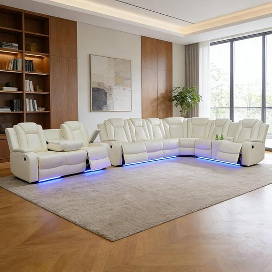 Power Recliner Sectional Sofa Set, Creamy Leather Sectional Couch and 3 Seater Sofa for Living Room, L Shape Reclining Sofa with Cup Holder, Hidden Storage, Coffee Table for House(9 Seat)