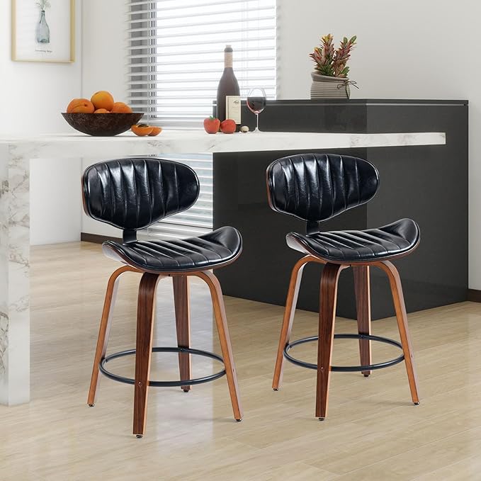 Bar Stools Set of 3, 24 inch PU Leather Wooden Bentwood Barstools Swivel Counter Height Modern Breakfast Bar Chairs with Backrest and Footrest for Kitchen Island, Dining Room D035-Black-3