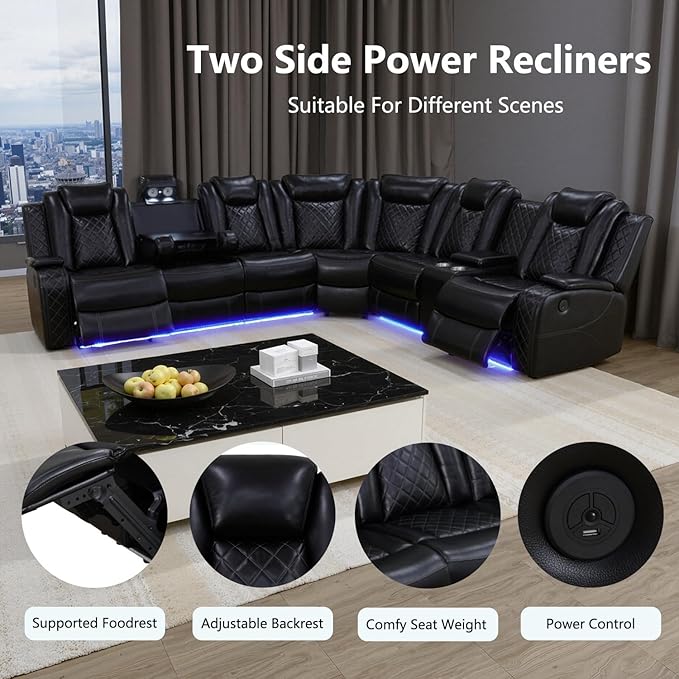 Power Recliner Sectional Sofa Set with Chair, Leather Reclining Couch Set for Living Room, Black Air Leather Recliner Sectional with Storage Console/Cup Holders/USB Ports/LED