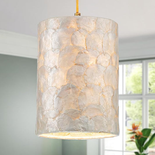 1-Light Capiz Shell Chandelier, Coastal Design, Modern Pendant Light Fixture for Dining Room, Living Room, Kitchen Island, D7 x H18~66"(Adjustable Height), Shell Lampshade & Gold Finish Frame