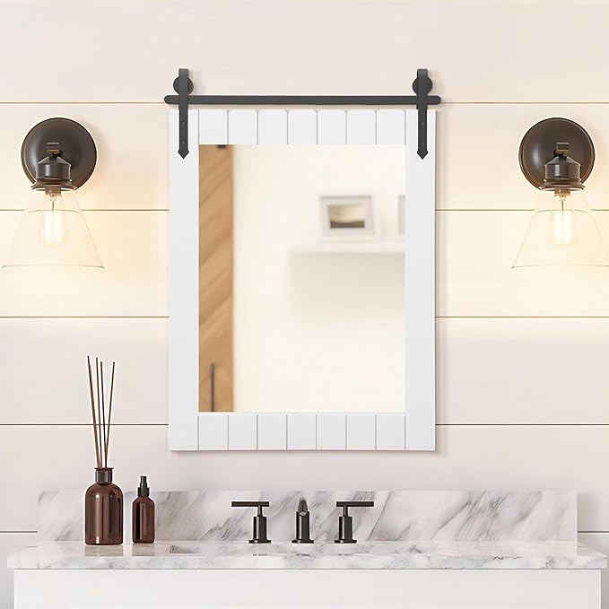 Besdomus Bathroom Farmhouse Wall Mirror: 22"x30" White Barn Door Solid Cedar Wood Frame Vanity Mirror - Wall Mounted Mirror for Bathroom/Living Room/Hallway - Rustic Home Decor for Homemakers