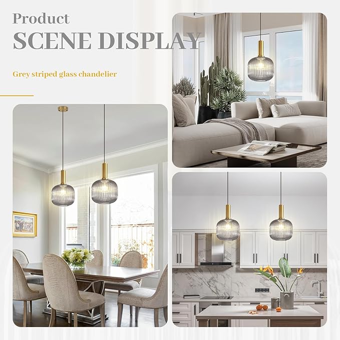 Smoke Gray Glass Pendant Lighting Kitchen Island Vintage Gold Pendant Lamp Mid Century 1-Light Adjustable Pendant Light Fixture Above Kitchen Sink Dining Table Bar Counter