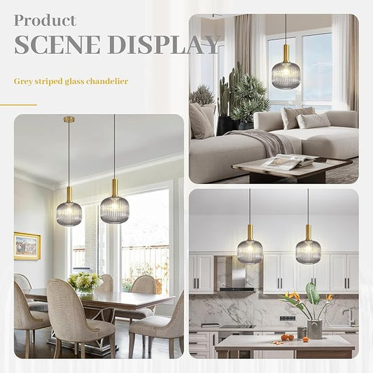 Smoke Gray Glass Pendant Lighting Kitchen Island Vintage Gold Pendant Lamp Mid Century 1-Light Adjustable Pendant Light Fixture Above Kitchen Sink Dining Table Bar Counter