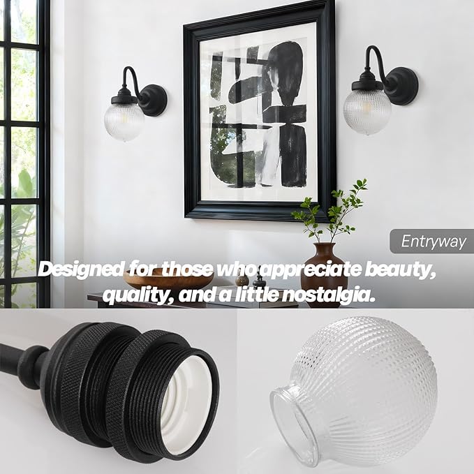 Curved Arm Wall Sconce Lighting with Clear Ribbed Glass Globe Shade, Vintage Brass Bathroom Wall Light Fixtures for Kitchen Living Room Bedroom Farmhouse