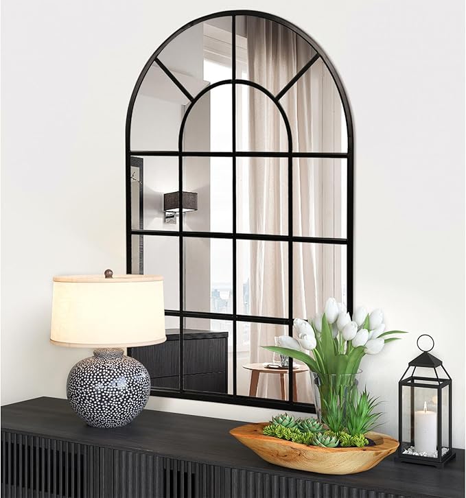 Black Arched Window Mirror, Large Window Pane Mirror, Metal Framed Windowpane Mirrors, 24" X 36" Arched Wall Mirrors for Wall Decor, Entryway, Living Room