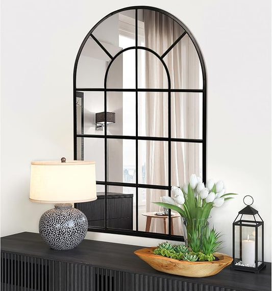 Black Arched Window Mirror, Large Window Pane Mirror, Metal Framed Windowpane Mirrors, 24" X 36" Arched Wall Mirrors for Wall Decor, Entryway, Living Room