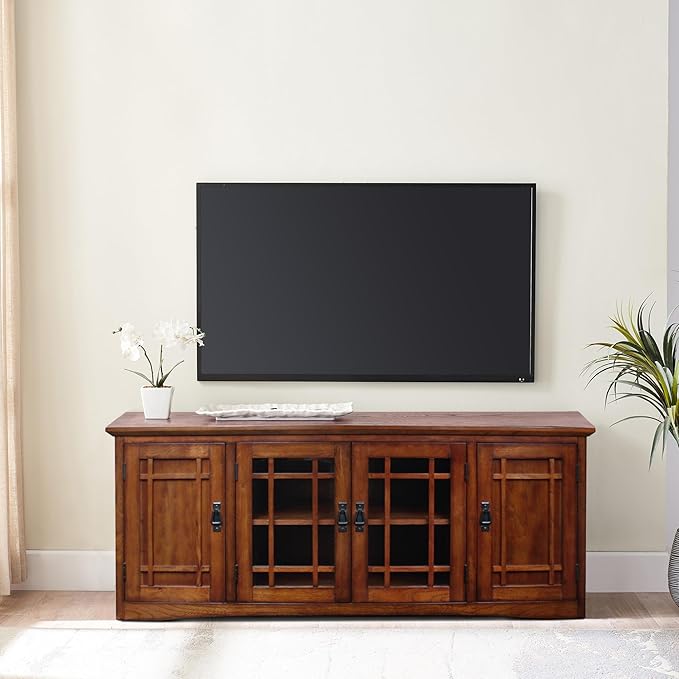 Leick Home 82360 Solid Wood Mission Oak Four Door TV Stand For 65" TVs Universal TV Console Living Room Storage Shelves Entertainment Center, Mission Oak