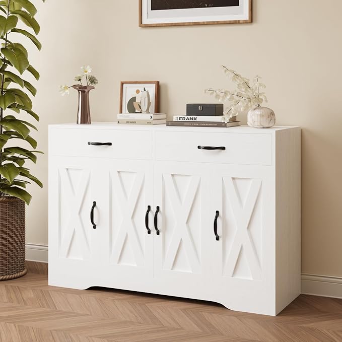 Sideboard Cabinet with Drawers, 47" W Sideboard Buffet Storage Cabinet with Storage for Kitchen, Farmhouse Coffee Bar Cabinets with Shlves and Doors for Hallway, White