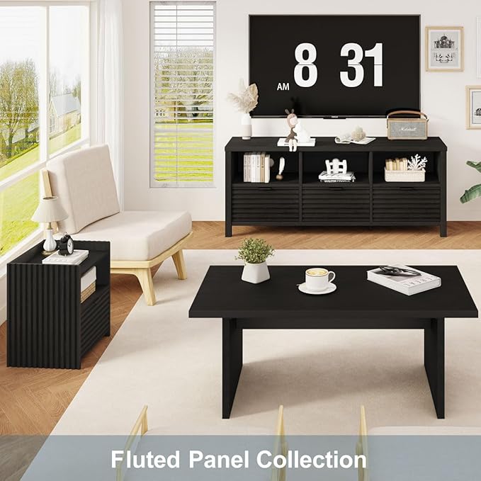BON AUGURE Black TV Stand for 65 55 50 in TVs, Mid Century Modern Entertainment Center with Storage Drawers, Wood Television Media Console Cabinet for Living Room, Bedroom (Black Oak)