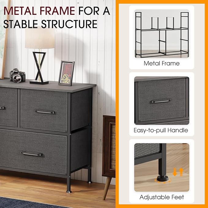 FDW 5 Fabric Drawers Dresser for Bedroom,Chest Organizer Units with Steel Frame and Wooden Top for Bedroom,Closet,Living Room, Entryway,Grey