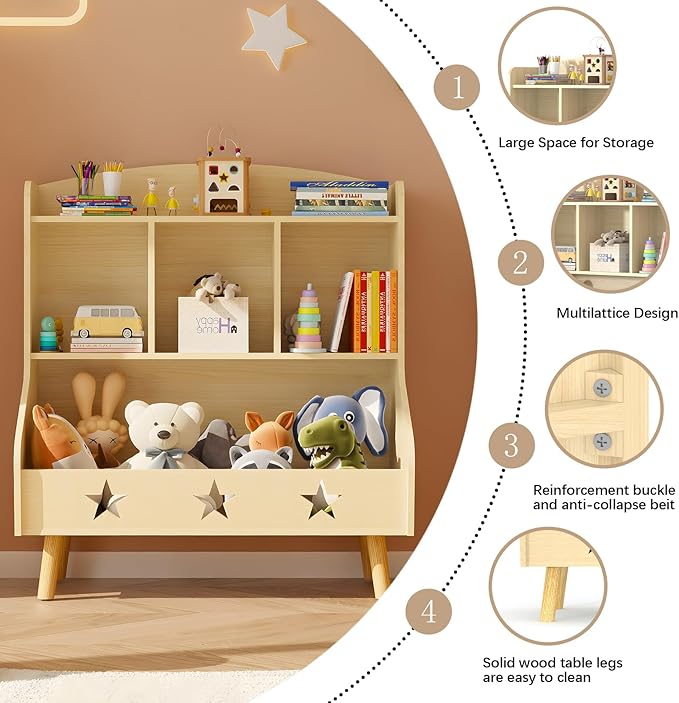 Cube Bookshelf Storage Organizer Bookcase, Wide Open Storage Bookcase for Toddlers, Freestanding Display Bookshelve, Modern Toy Shelf for Bedroom, Living Room, Nursery and Classroom(Oak)