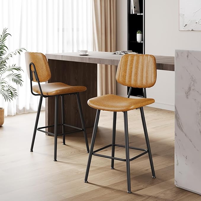 24-Inch Leather Bar Stools Set of 3, Counter Height Barstools with High Backrest，Bar Chairs for Kitchen Island with Heavy Duty Metal Legs, Brown