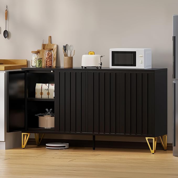 YITAHOME 55" Metal Storage Cabinet, Sideboard Buffet Cabinet with Adjustable Shelf, Metal Accent Console Credenza for Living Room, Kitchen, Dining Room, Black