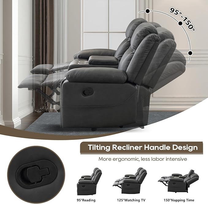 Loveseat Recliner Sofa, PU Leather Sofa Couch, Manual Recliner Loveseat with Console, Double Reclining RV Sofa with Cup Holders and Side Pocket for Living Room/Office/Apartment (Grey) | Heating & Massage, Hidden Drawer