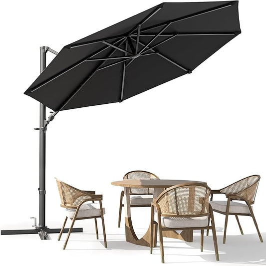 Greesum 10FT Outdoor Patio Umbrella with High Pedel and 4 Gear Heights, Large Offset Market Umbrella with 360-degree Rotation, Without Base, Hanging Outdoor Shade for Garden, Lawn, Pool, Black