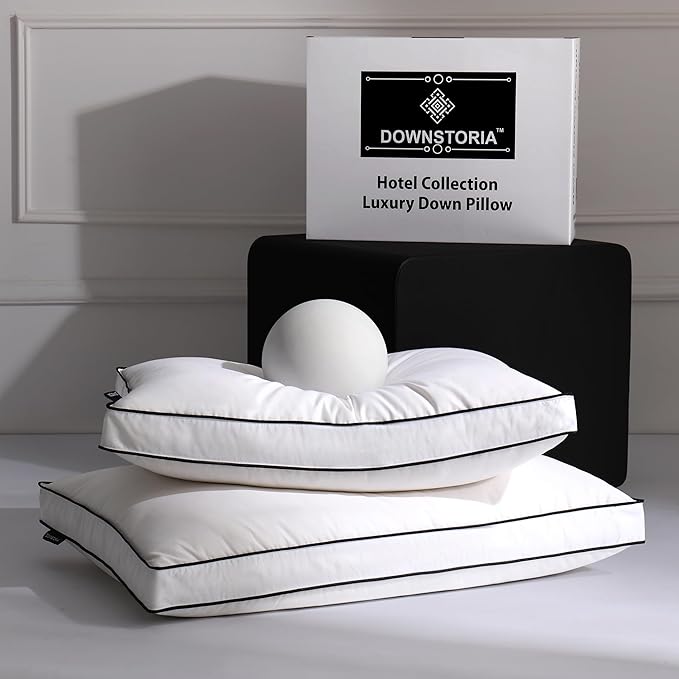 DOWNSTORIA Feather Down Pillows Standard Size Set of 2 with Gusset, Luxury Hotel Collection Bed Pillow 2 Pack, Down Surrounded Gusseted Pillows for Sleeping, Firm for Side, Back Sleepers 20x26 in.