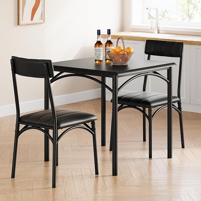 3-Piece Dining Table Set for 2, Kitchen Table Set with 2 Upholstered Chairs, Square Dining Table Set for Apartment, Studio, Small Space, Black