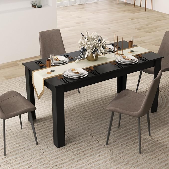 Moccha Wood Dining Table for 4-6 People, 63" Wood Rectangle Dinner Table, Modern Kitchen Table with L-Shaped Legs, 330lbs Weight Capacity, Farmhouse Dinette Table for Dining Room, Living Room, Black