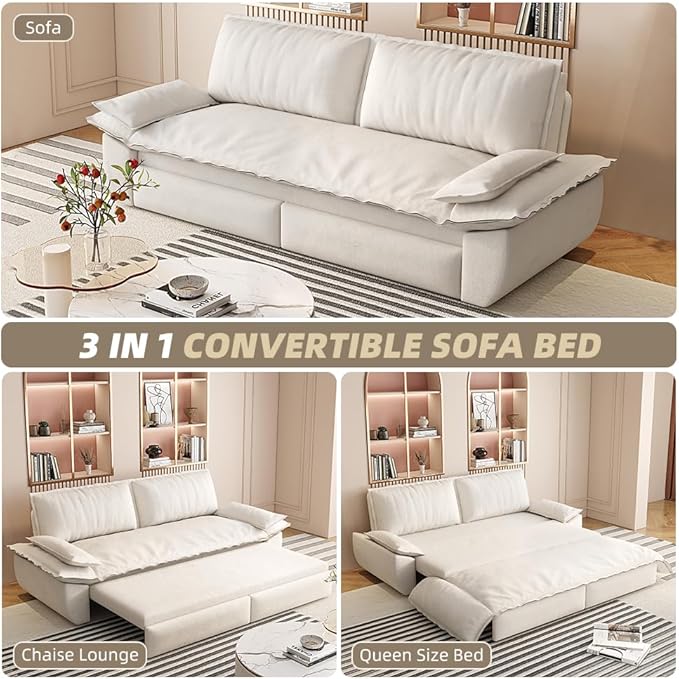 KEIKI 73.2" Convertible Futon Sofa Bed Queen Size, 3-in-1 Pull Out Couch with Chaise Lounge, Soft Velvet Cloud Loveseat Sofa for Home Theater Gaming Lounge Entertainment Room Seating
