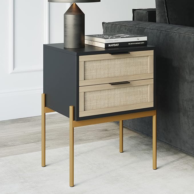 Nathan James Andrew Nightstand, Accent Bedside End Side Table with Storage Drawer, and Mid-Century Modern Legs for Living Room or Bedroom, 1, 14" D x 19" W x 24" H, Black/Cane/Gold
