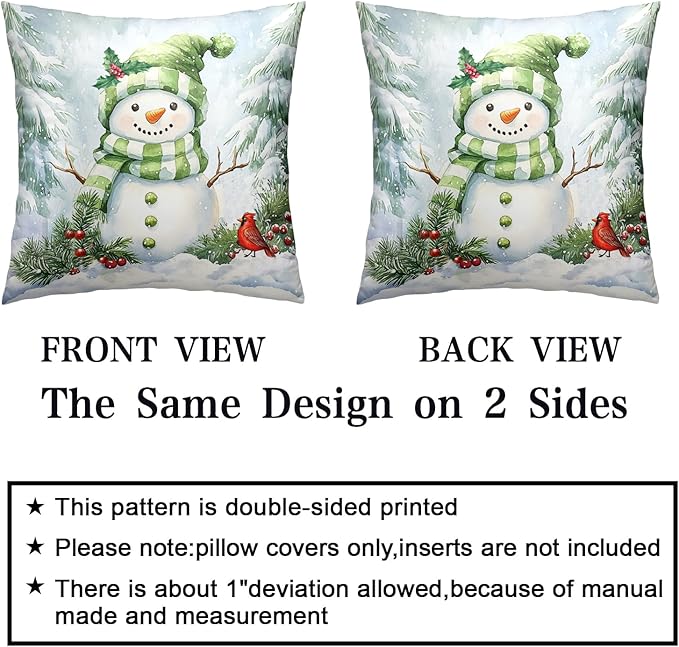 Set of 2 Winter Pillow Covers 18x18 Green Snowman Pine Tree Holly Berry Cardinal Bird Throw Pillow Covers Holiday Pillow Case for Home Decor Couch Sofa