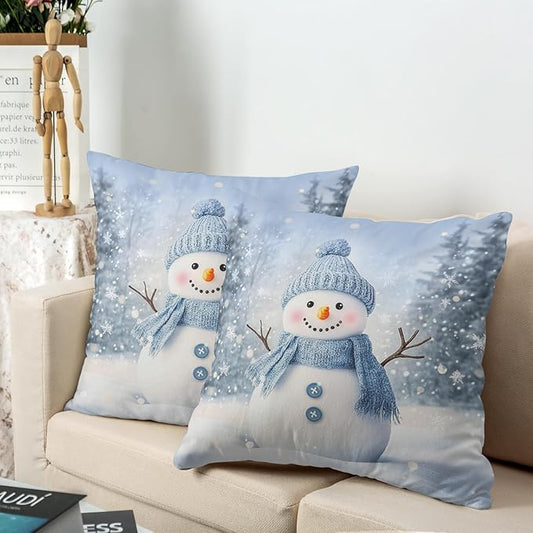 Blue Snowman Throw Pillow Covers Winter Pillow Covers 16x16 Snowflakes Pillow Case Double Sided Printing Cushion Case for Home Decor Couch Sofa Set of 2