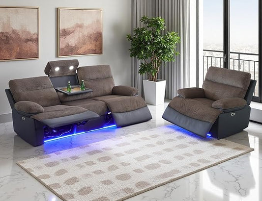 Power Recliner Sofa Set, Living Room Furniture Sets, Premium Fabric Recliner Sofa and Chair Set with Cup Holders/Charging, Corduroy & Breathing Leather Reclining Couch for Home Theater, Brown